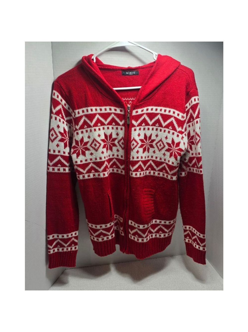 Women's GIBIU Red & White Fair Isle Hooded Cardigan Sweater S